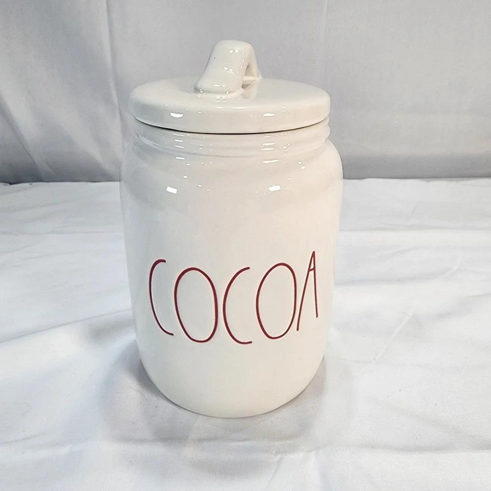 Rae Dunn COCOA Holiday Canister/ Lid Rare Red Letters Artisan Collection 7.5 In.